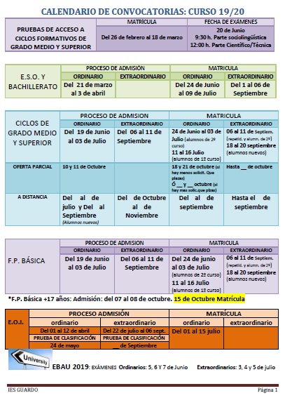 Calendario admisión curso 19_20 Calendario admisión curso 19_20